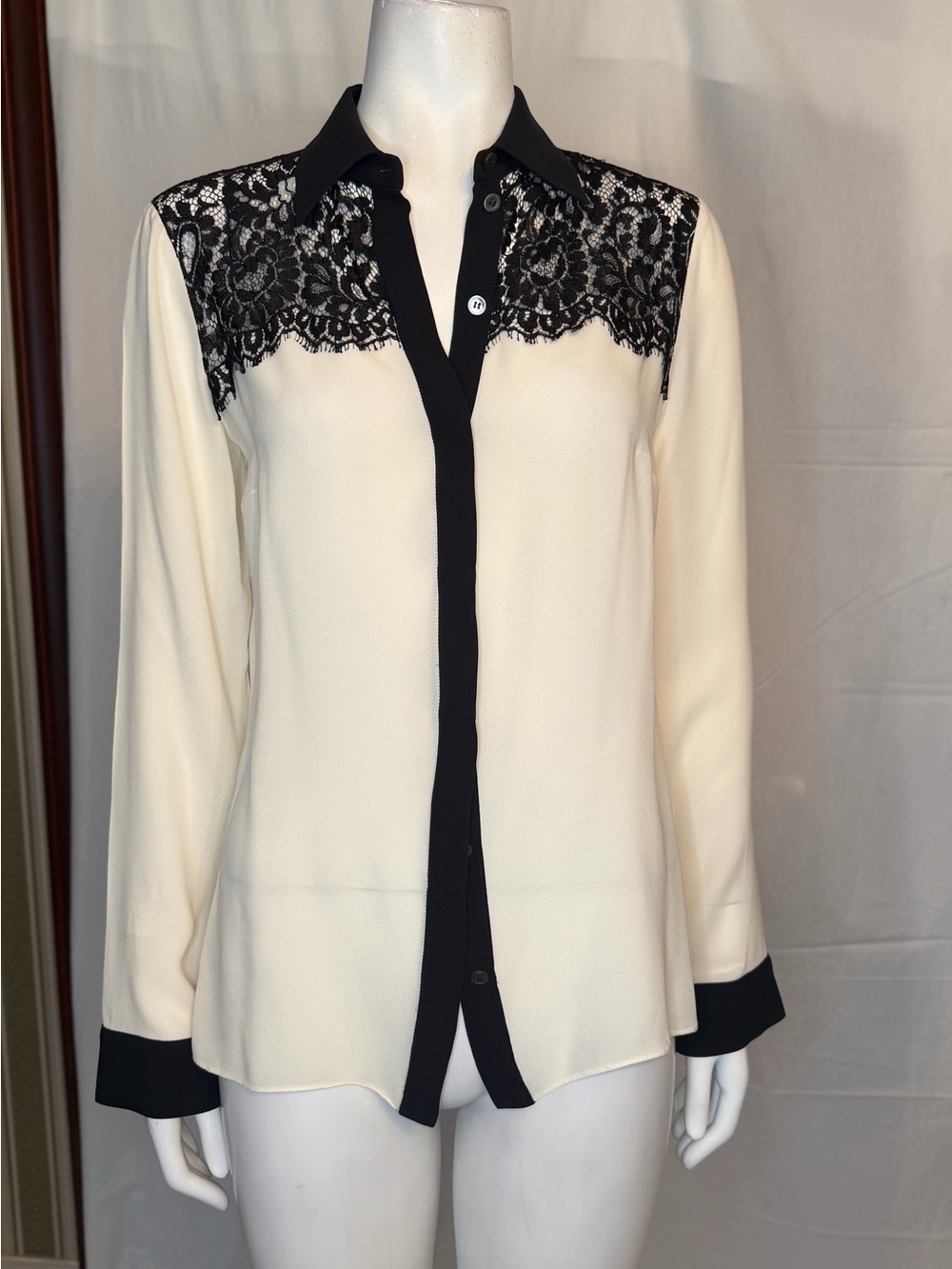 Michael Kors Cream Blouse with Black Lace Yoke - Picture 2 of 6